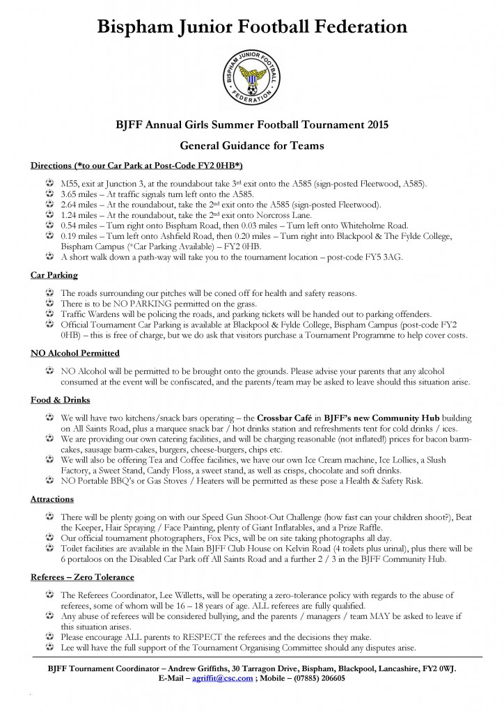 BJFF GIRLS Tournament 2015 - Guidance for all teams
